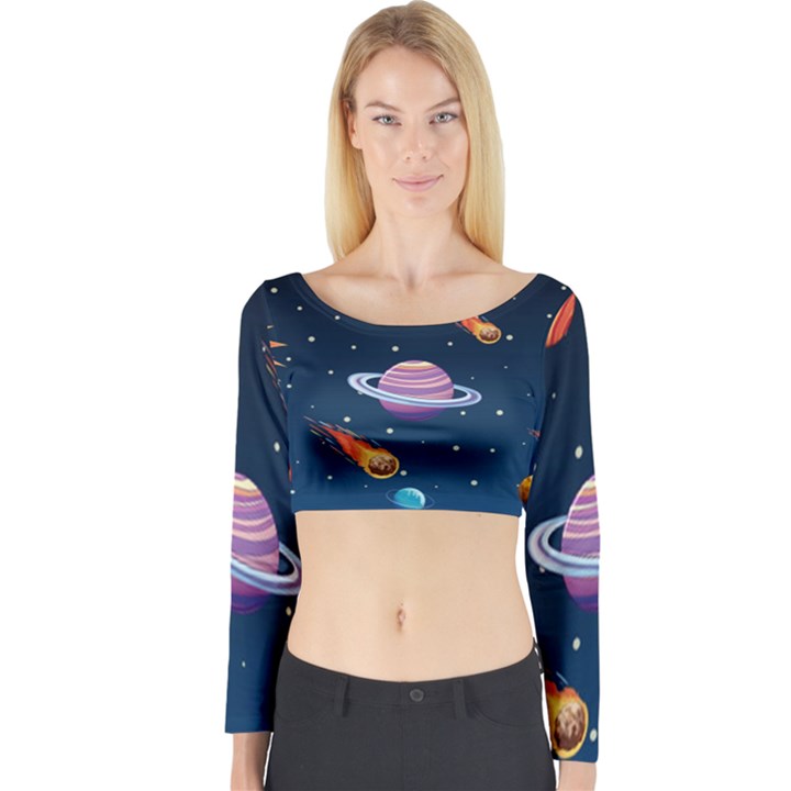 Background-template-with-bright-stars-dark-sky Long Sleeve Crop Top