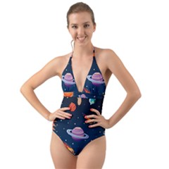 Background-template-with-bright-stars-dark-sky Halter Cut-out One Piece Swimsuit