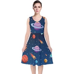 Background-template-with-bright-stars-dark-sky V-neck Midi Sleeveless Dress 