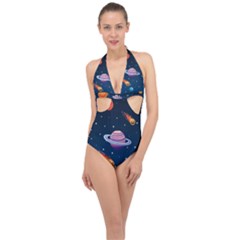 Background-template-with-bright-stars-dark-sky Halter Front Plunge Swimsuit