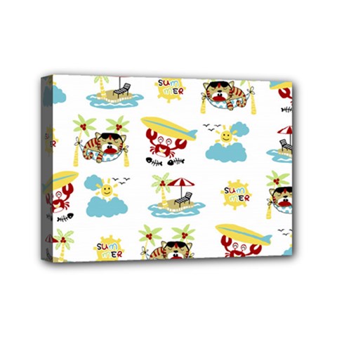 Vector-pattern-with-funny-animals-cartoon-summer-holiday-beach Mini Canvas 7  X 5  (stretched)