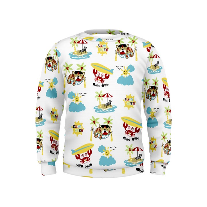 Vector-pattern-with-funny-animals-cartoon-summer-holiday-beach Kids  Sweatshirt