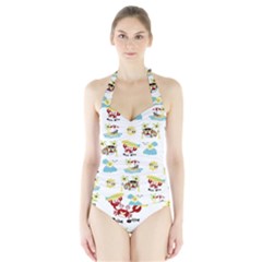 Vector-pattern-with-funny-animals-cartoon-summer-holiday-beach Halter Swimsuit