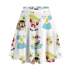 Vector-pattern-with-funny-animals-cartoon-summer-holiday-beach High Waist Skirt