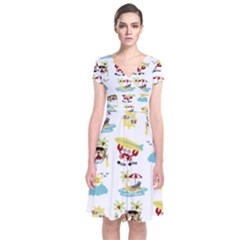 Vector-pattern-with-funny-animals-cartoon-summer-holiday-beach Short Sleeve Front Wrap Dress