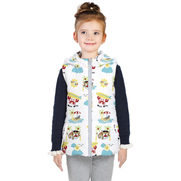 Vector-pattern-with-funny-animals-cartoon-summer-holiday-beach Kids  Hooded Puffer Vest