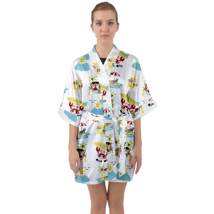 Vector-pattern-with-funny-animals-cartoon-summer-holiday-beach Half Sleeve Satin Kimono 