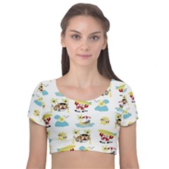 Vector-pattern-with-funny-animals-cartoon-summer-holiday-beach Velvet Short Sleeve Crop Top  by Jancukart