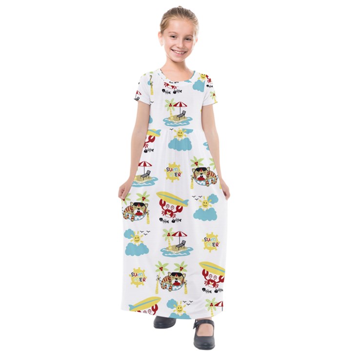 Vector-pattern-with-funny-animals-cartoon-summer-holiday-beach Kids  Short Sleeve Maxi Dress