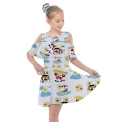 Vector-pattern-with-funny-animals-cartoon-summer-holiday-beach Kids  Shoulder Cutout Chiffon Dress by Jancukart