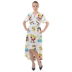 Vector-pattern-with-funny-animals-cartoon-summer-holiday-beach Front Wrap High Low Dress