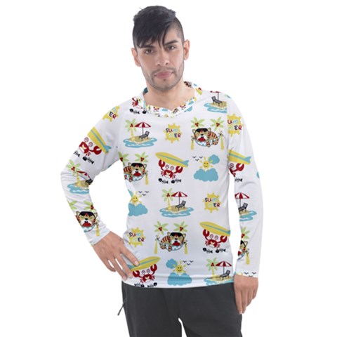 Vector-pattern-with-funny-animals-cartoon-summer-holiday-beach Men s Pique Long Sleeve Tee by Jancukart