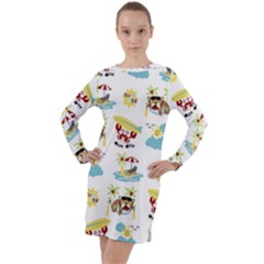 Vector-pattern-with-funny-animals-cartoon-summer-holiday-beach Long Sleeve Hoodie Dress by Jancukart