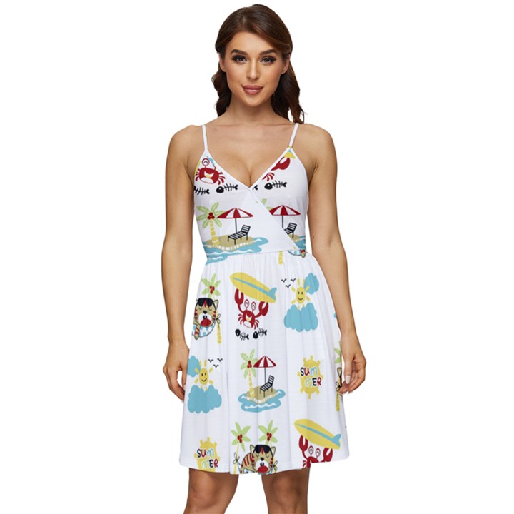 Vector-pattern-with-funny-animals-cartoon-summer-holiday-beach V-Neck Pocket Summer Dress 