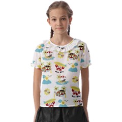 Vector-pattern-with-funny-animals-cartoon-summer-holiday-beach Kids  Frill Chiffon Blouse