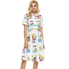 Vector-pattern-with-funny-animals-cartoon-summer-holiday-beach Button Top Knee Length Dress