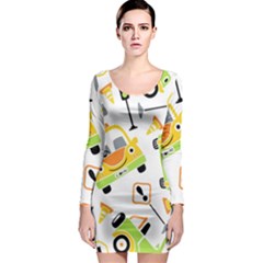 Seamless-pattern-vector-illustration-vehicles-cartoon Long Sleeve Bodycon Dress