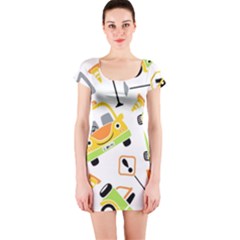 Seamless-pattern-vector-illustration-vehicles-cartoon Short Sleeve Bodycon Dress