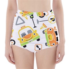 Seamless-pattern-vector-illustration-vehicles-cartoon High-waisted Bikini Bottoms by Jancukart