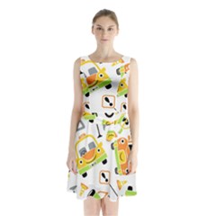 Seamless-pattern-vector-illustration-vehicles-cartoon Sleeveless Waist Tie Chiffon Dress