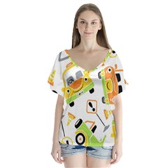 Seamless-pattern-vector-illustration-vehicles-cartoon V-neck Flutter Sleeve Top