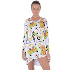 Seamless-pattern-vector-illustration-vehicles-cartoon Asymmetric Cut-out Shift Dress