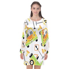 Seamless-pattern-vector-illustration-vehicles-cartoon Long Sleeve Chiffon Shift Dress 