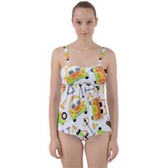 Seamless-pattern-vector-illustration-vehicles-cartoon Twist Front Tankini Set