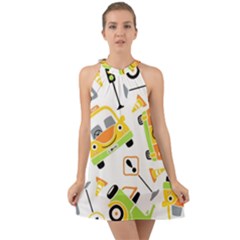 Seamless-pattern-vector-illustration-vehicles-cartoon Halter Tie Back Chiffon Dress