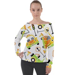 Seamless-pattern-vector-illustration-vehicles-cartoon Off Shoulder Long Sleeve Velour Top by Jancukart