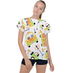 Seamless-pattern-vector-illustration-vehicles-cartoon Ruffle Collar Chiffon Blouse