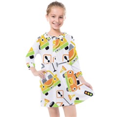 Seamless-pattern-vector-illustration-vehicles-cartoon Kids  Quarter Sleeve Shirt Dress by Jancukart