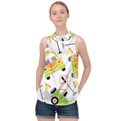 Seamless-pattern-vector-illustration-vehicles-cartoon High Neck Satin Top by Jancukart