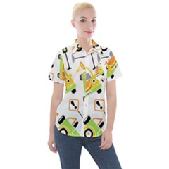 Seamless-pattern-vector-illustration-vehicles-cartoon Women s Short Sleeve Pocket Shirt