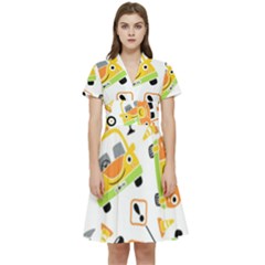 Seamless-pattern-vector-illustration-vehicles-cartoon Short Sleeve Waist Detail Dress