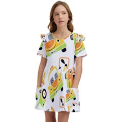 Seamless-pattern-vector-illustration-vehicles-cartoon Kids  Frilly Sleeves Pocket Dress