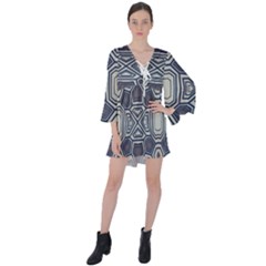 Abstract Pattern Geometric Backgrounds V-neck Flare Sleeve Mini Dress by Eskimos