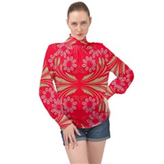 Folk Flowers Print Floral Pattern Ethnic Art High Neck Long Sleeve Chiffon Top