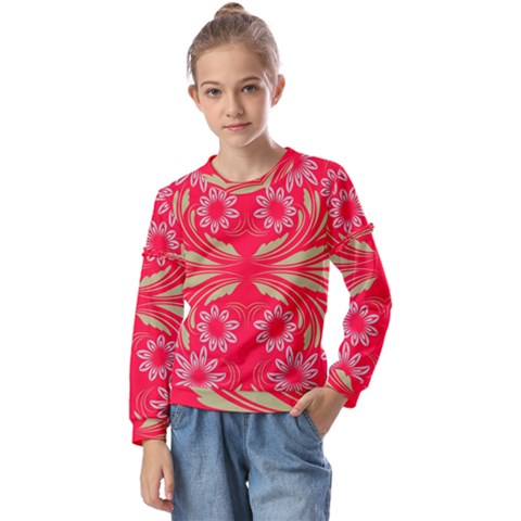 Folk Flowers Print Floral Pattern Ethnic Art Kids  Long Sleeve Tee With Frill  by Eskimos