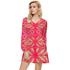 Folk Flowers Print Floral Pattern Ethnic Art Tiered Long Sleeve Mini Dress