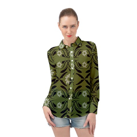 Folk Flowers Print Floral Pattern Ethnic Art Long Sleeve Chiffon Shirt by Eskimos