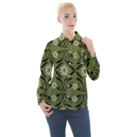 Folk Flowers Print Floral Pattern Ethnic Art Women s Long Sleeve Pocket Shirt by Eskimos