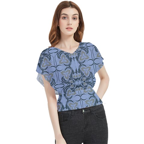 Folk Flowers Print Floral Pattern Ethnic Art Butterfly Chiffon Blouse by Eskimos