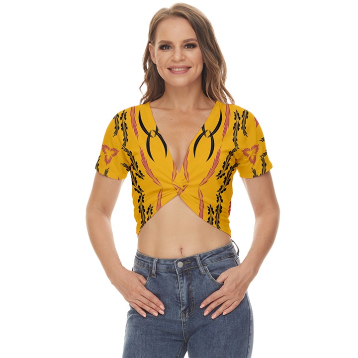 Folk flowers print Floral pattern Ethnic art Twist Front Crop Top