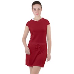 Red Plain Drawstring Hooded Dress