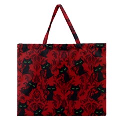 Halloween Goth Cat Pattern In Blood Red Zipper Large Tote Bag by NerdySparkleGoth