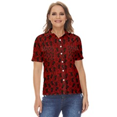 Micro Blood Red Cats Women s Short Sleeve Double Pocket Shirt