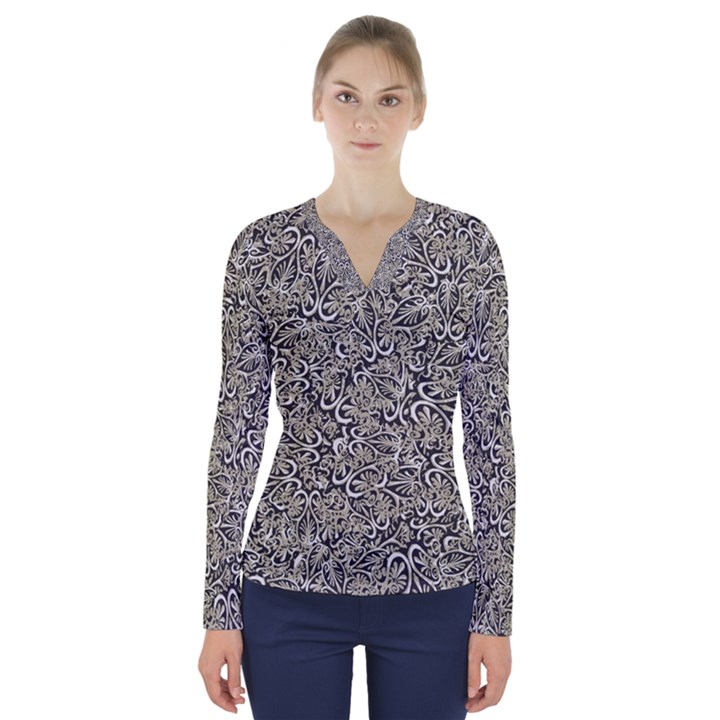 Intricate Ornate Pattern V-Neck Long Sleeve Top