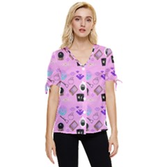 Micro Pink Goth Bow Sleeve Button Up Top