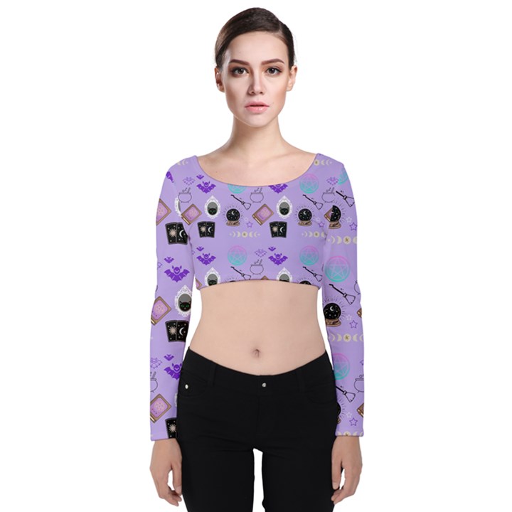 Pale Purple Goth Velvet Long Sleeve Crop Top